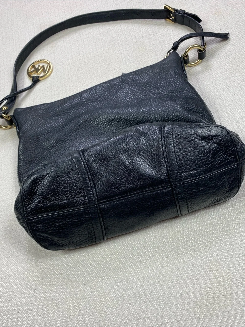 Michael Kors Black Grain Leather Hobo with Gold MK Charm